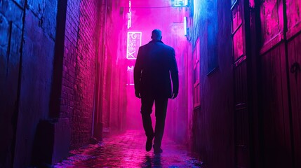 Mysterious man in a shadowy alley engaged in corrupt dealings under neon lights, tense atmosphere, secrets and intrigue, dark tones