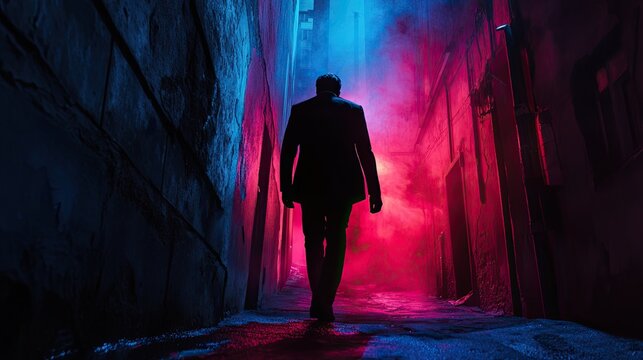 Mysterious man in a shadowy alley engaged in corrupt dealings under neon lights, tense atmosphere, secrets and intrigue, dark tones