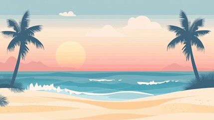 Fototapeta premium Colorful flat design coastal view with a sandy beach and gentle waves, stylized sun and palm trees, calm and inviting