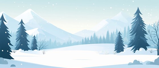 Fototapeta premium Flat design winter landscape with snow-covered pines and a crisp, clear sky, geometric shapes and cool tones