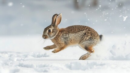 Obraz premium A solitary brown rabbit sprinting across a snow covered wintertime landscape