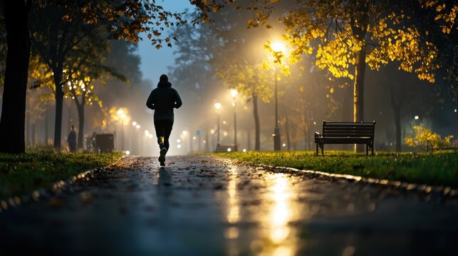 A lone runner dashing through a deserted park at night, with only the moonlight casting a faint glow on the path and surrounding trees, creating a serene and isolated atmosphere