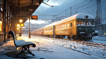 An abandoned railway station in the midst of a heavy snowfall, with a derelict train car partially covered in snow.