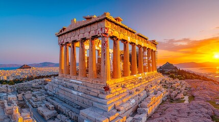 Obraz premium A stunning view of the Parthenon at sunset, showcasing ancient Greek architecture and a vibrant sky over Athens.