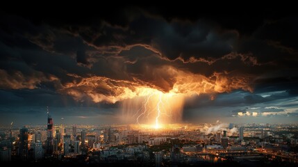 An expansive view of a summer thunderstorm with dark, brooding clouds dominating the horizon. Flashing lightning dramatically illuminates the city below.