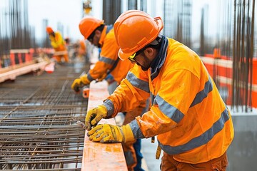 Construction workers laying steel reinforcements for concrete foundation