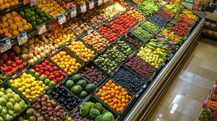 A well-stocked produce section in a modern supermarket, filled with fresh fruits and vegetables, exemplifying health and abundance.
