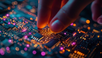 A Fingertip Interacting with a Glowing Circuit Board
