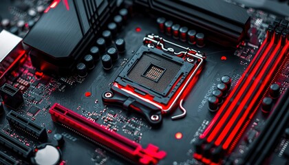 Close-up of a Modern Motherboard's CPU Socket and Surrounding Components