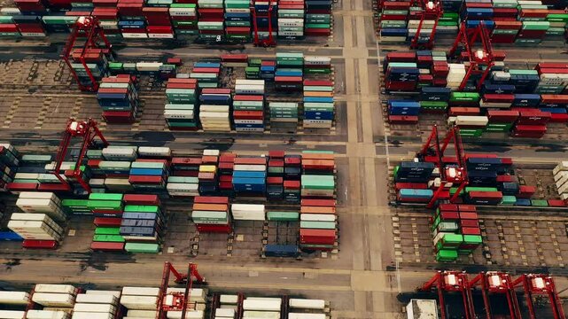 Shipping, container and cargo yard on drone or export trade, stock or boat import. Commercial logistics, transport and courier for retail supply chain industry, distribution goods service as top view