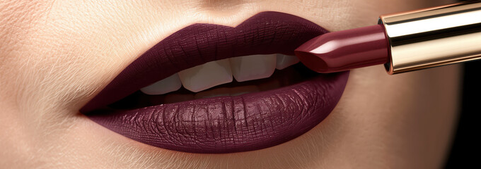Obraz premium Close up beauty woman lip using lipstick makeup with empty background for cosmetic concept.