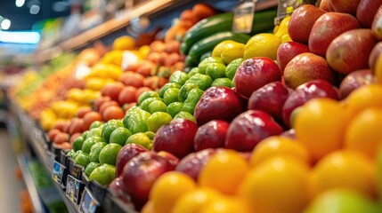 Abundance of fresh produce in a modern supermarket, with vibrant colors of fruits and vegetables inviting healthy choices.