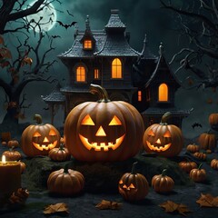 Halloween background with pumpkins and haunted house