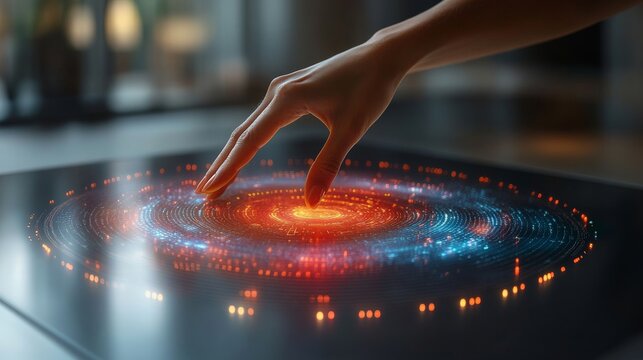 Cosmic Touch: A hand hovers above a futuristic interface, activating a vibrant, swirling galaxy of data and light