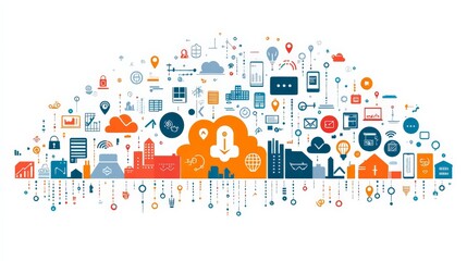 Naklejka premium Cloud Computing: A visual representation of the vast and interconnected world of cloud computing, with icons depicting various aspects of this technology, from data storage and processing to mobile ap