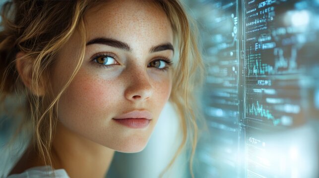 The Digital Gaze: A young woman, illuminated by the glow of futuristic data visualizations, peers intently into the future of technology.