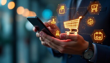 Ecommerce Business Strategy: Smartphone and Laptop with Virtual Shopping Cart Icon