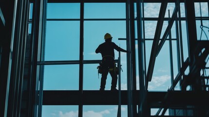 Silhouette of Construction Worker on Scaffolding with Cityscape View