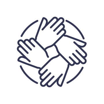 recommend clip art: Four hands interlocked in a circle, symbolizing teamwork, unity, and synergy.