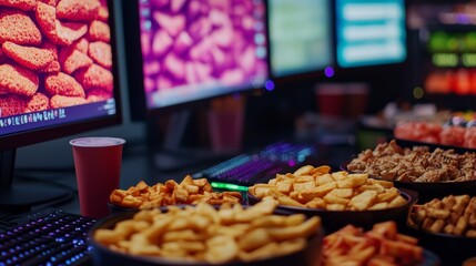 A lively gathering of friends at a LAN party, showing a mix of laughter and serious gaming
