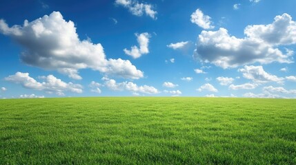 Fototapeta premium An empty green field with a backdrop of a beautiful sky and soft clouds, symbolizing tranquility and natural beauty
