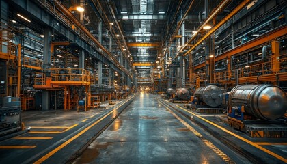 Obraz premium Industrial Factory Interior with Large Cylindrical Machinery and Yellow Rail Tracks