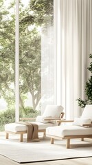 Serene and Stylish Home Decor Interior with Minimalist Furnishings and Nature Backdrop