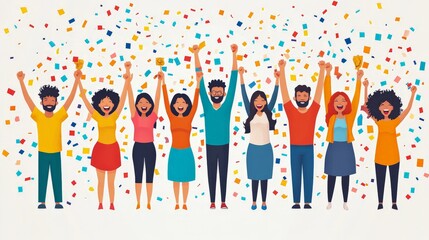 A Shower of Success: Diverse team celebrating with trophies amidst confetti rain 