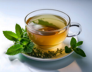 Soothing Herbal Infusion: A steaming cup of herbal tea infused with fresh mint leaves, embodying tranquility and natural wellness. 
