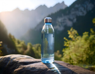 Water Bottle in the Mountains: A single water bottle stands tall against a backdrop of majestic mountains, its clear glass reflecting the golden sunlight streaming through the trees. A powerful image 