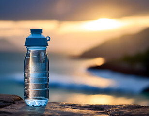 Water Bottle Sunrise: A refreshing blue water bottle stands proudly on a rocky outcrop, with the vibrant hues of a sunrise over the ocean creating a breathtaking backdrop. This image symbolizes hydrat