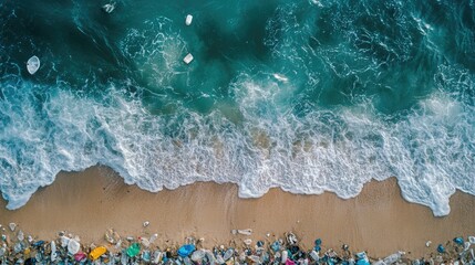 Obraz premium An ocean beach marred by plastic garbage pollution, emphasizing the urgent need for environmental action.