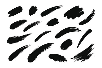 Dynamic black brush strokes scattered across a white canvas, showcasing an interplay of form and negative space isolated flat vector illustration on white background