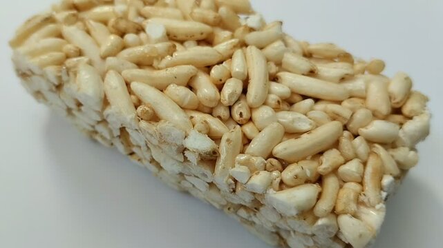 Traditional snacks from Indonesia called Jipang, Bipang, or Brondong Beras are made from rice or sticky rice. On a white background