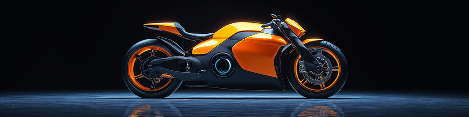 Naklejka premium Futuristic orange autocycle showcased in a sleek, modern atmosphere, ideal for automotive promotions and events.