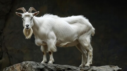 Obraz premium A goat with horns stands on a rock in the wild.