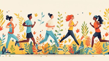 Running people. Cartoon flat style. Cute characters. Sport, jogging, rush, race, ambition, success aspiration, marathon concept. Hand drawn Vector illustration. Square seamless Pattern, background