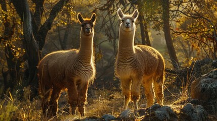 Two llamas standing together on a mountain side under the sunset.