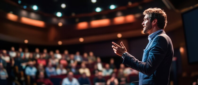 Powerful visual of a public speaker commanding attention with assertive body language and confident gestures on a stage with an engaged audience