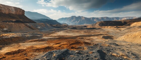 Naklejka premium Ecological damage from gold mining featuring eroded soil, barren landscapes, and displaced wildlife, showcasing the dramatic shift from healthy ecosystems to industrial wastelands