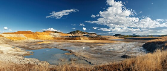 Environmental toll of gold mining with a focus on barren land, polluted rivers, and damaged ecosystems, showcasing the extensive impact on nature and wildlife in a panoramic view
