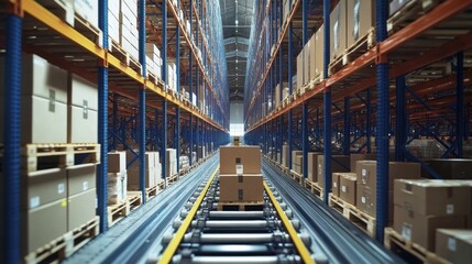 Efficient ASRS warehouse with sleek robotic systems handling pallets and boxes in a modern facility