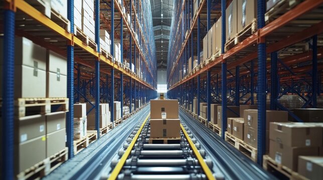 Efficient ASRS warehouse with sleek robotic systems handling pallets and boxes in a modern facility