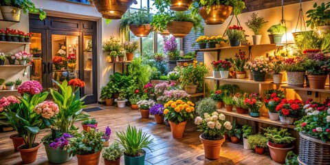 Fototapeta premium Charming flower shop in a small town overflows with brightly lit arrangements and potted plants, filling the air with sweet fragrances and warmth.