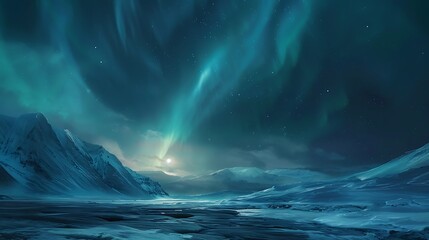 Fototapeta premium Aurora borealis over snowy mountains in winter