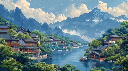 Naklejka premium Rural landscape with a tea plantation, a Chinese village, and boat on the river. Handmade drawing vector illustration. Traditional chinese guohua painting style with elements of pointillism