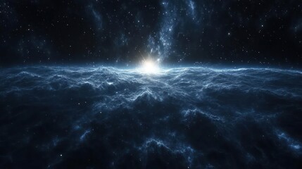 Fototapeta premium A cosmic scene featuring a galaxy with star clusters, nebulae, and a bright light in the center,