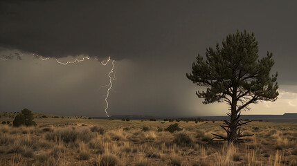 A tree is standing in a desert with a storm in the background. The sky is dark and cloudy, and lightning is striking the tree. Scene is tense and dramatic, as the storm is approaching