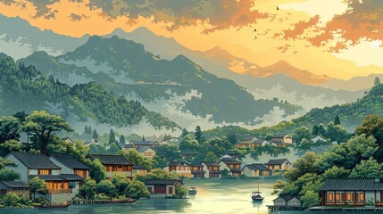 Obraz premium Rural landscape with a tea plantation, a Chinese village, and boat on the river. Handmade drawing vector illustration. Traditional chinese guohua painting style with elements of pointillism