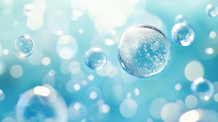 Close-up of water droplets floating in the air, with a soft blue background.
